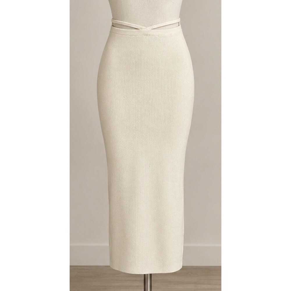 For Love & Lemons Mona Midi Skirt Cream Knit Strappy Cutout Mid Rise Size M FL&L